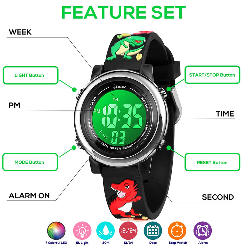 [Australia] - Bigmeda Kids Digital Watch Sport Waterproof Watch for 3-10 Years Boys Girls LED Outdoor Watch 3D Cartoon Band Time Date Display 7 Color Backlight Stopwatch Alarm-Best Gifts Dinosaur 