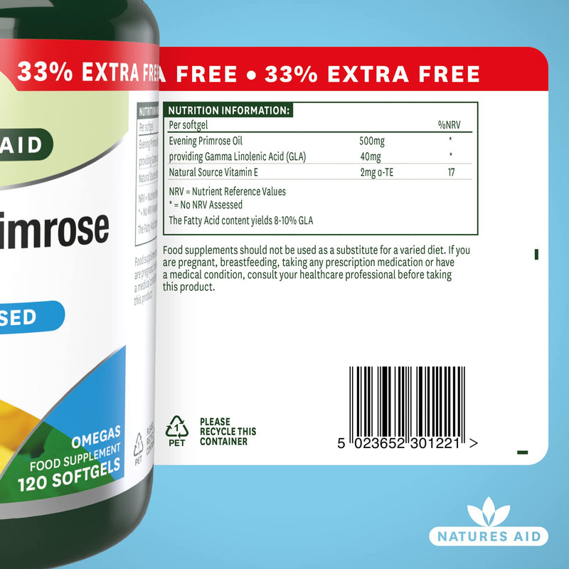 [Australia] - Natures Aid Evening Primrose Oil, 500 mg, 120 Softgels (Pure Cold Pressed Evening Primrose Oil, Omega-6 Gamma Linolenic Acid, Made in the UK) 120 Count (Pack of 1) 