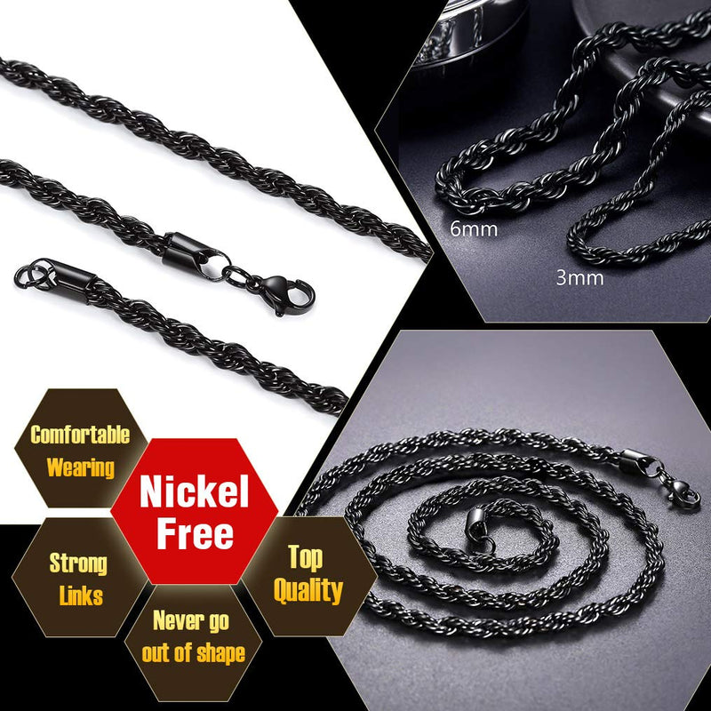 [Australia] - ChainsPro 3/6 mm Box/Wheat/Twist Rope Necklace, Replacement Chain for Pendant/Charm, 18-30 inches, 316L Stainless Steel/18K Gold Plated-Send Gift Box 18.0 Inches Rope-3mm-black 