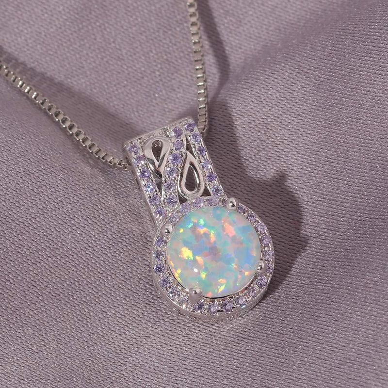 [Australia] - CiNily 14K White Gold Plated White Fire Opal Zircon Pendant Necklace for Women Girls Opal Jewelry Gift white+purple 