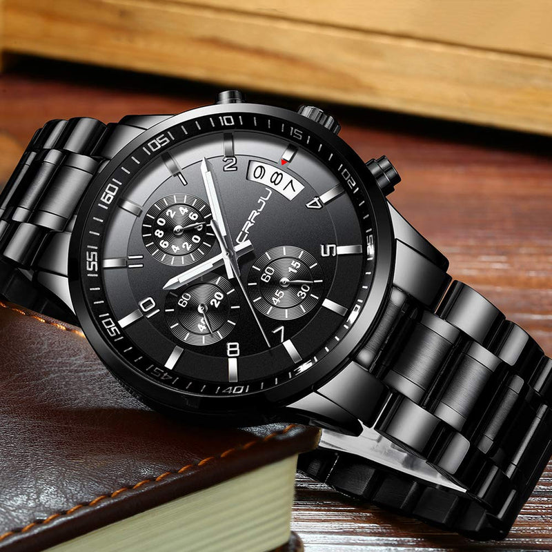 [Australia] - CRRJU Men's Fashion Stainless Steel Watches Date Waterproof Chronograph Wristwatches,Stainsteel Steel Band Waterproof Watch Black Black 