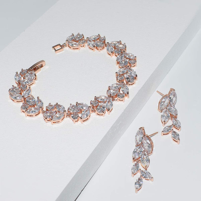 [Australia] - UDORA Cubic Zirconia Leafs Earrings Bracelet Jewelry Set For Bridal Bridesmaid Wedding Prom Rose Gold 