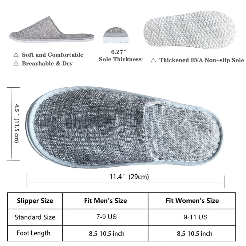 [Australia] - Disposable Indoor Slippers,6 Pairs Spa Slippers Closed Toe Linen Non-Slip Comfort Padded Sole for Men and Women Spa Hotel Travel Party Gray 8-10 US 