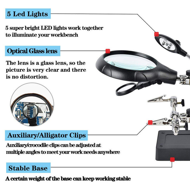 [Australia] - Beileshi 2.5X 7.5X 10X LED Light Helping Hands Magnifier Soldering Station,Magnifying Glass Stand with Auxiliary Clamp and Alligator Clips 2.5x+7.5x+10x 