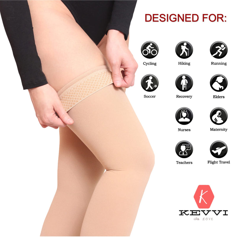 [Australia] - KEVVI (S to 5XL) -Thigh High Compression Stockings Women & Men 20-30 mmHg,Ted Hose Open Toe, Support Hose, Support Stockings Medium Beige 