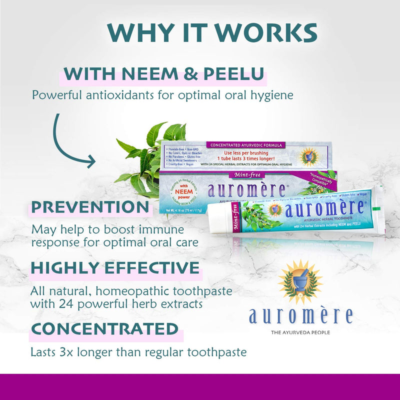 [Australia] - Auromere Ayurvedic Herbal Toothpaste, Mint Free - Vegan, Natural, Non GMO, Fluoride Free, Gluten Free, with Neem & Peelu (4.16 oz), 1 Pack 4.16 Ounce (Pack of 1) 