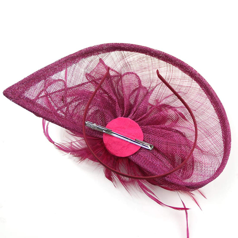[Australia] - Sinamay Fascinator Hat Mesh Net Feather Cocktail Party Hat Flower Derby Hat for Women Plum 