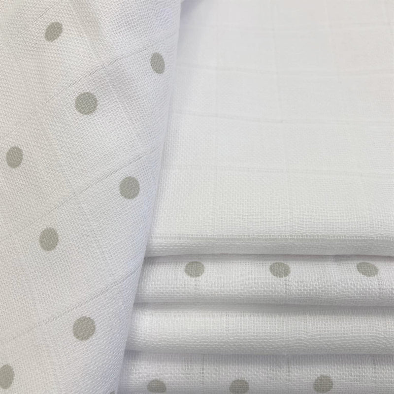 [Australia] - MuslinZ muslin cloths 6 pack 70x70cms 100% pure cotton burp cloths, soft and absorbent for newborns (White/Grey Spot) White/Grey Spot 