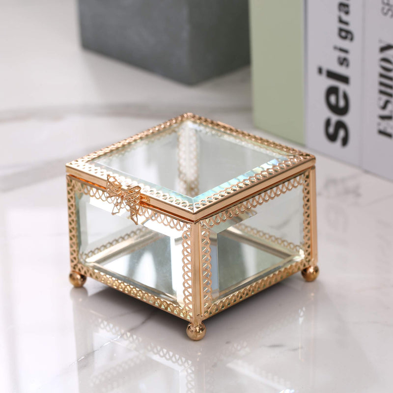 [Australia] - X-nego Handmade Art Gold Glass Jewelry Box Mirrored Keepsake Box Ornate Ring Earring Box for Girls Romantic Gift square 