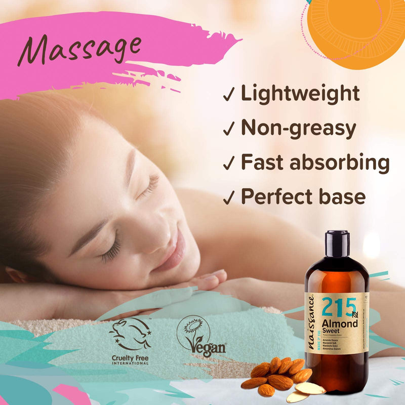 [Australia] - Naissance Sweet Almond Oil (no. 215) 500ml – For Skin, Hair, Massage, Nails, Cuticles, Ears, Face, Body, Stretch Marks - Natural Skin Care, Carrier Oil for Aromatherapy - Food Grade, Vegan, No GMO 