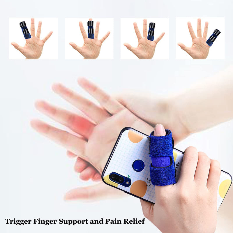 [Australia] - Finger Support Splints, Adjustable Set of 4 Trigger Finger Splint and 10 Nylon Finger Sleeves for Pain Relief, Finger Brace Stabilizer for Broken Finger, Straightening, Arthritis, Injured Finger Blue 