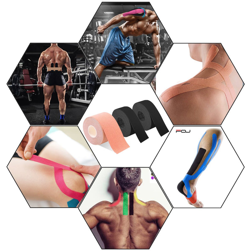 [Australia] - Kinesiology Theraeputic Tape Physio for Athletic Sports Recovery Pain Relieve Strong Adhesion Waterproof Original Cotton Uncut 2 Inch x 16.4 Feet 1 Beige/2 black 
