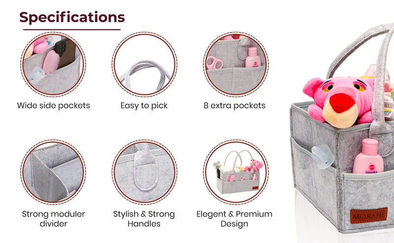[Australia] - SHAROM Nappy Caddy Organiser - Sturdy 3mm Thick Portable Baby Diaper Bag for Storage - Easy to Carry Nursery Basket for Wipes and Newborn Essentials, Grey Felt 