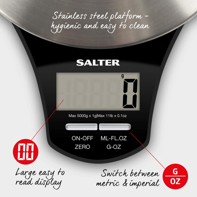[Australia] - Salter 1035 SSBKDR Electronic Stainless Steel Kitchen Scale, Accurate Weighing up to 5KG, Measures Liquids and Fluids, Add & Weigh Function, Easy View Screen, Black 