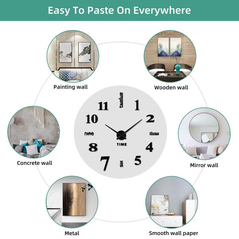 [Australia] - VREAONE Frameless DIY Wall Clock,Large Modern 3D Mirror Wall Clock Decor Sticker DIY Clock kit for Home Living Room Bedroom Office Wall Decorations(Black) Black 
