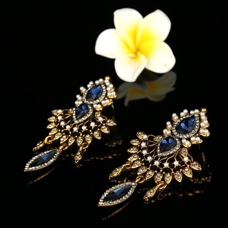 [Australia] - EleQueen Women's Antiqued-gold-tone Crystal Simulated Pearl Chandelier Art Deco Vintage Earrings Blue 