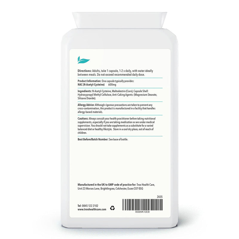 [Australia] - Troo NAC Supplement 600mg - 120 Capsules - N Acetyl Cysteine Amino Acid Providing Non Toxic Stable Form of L-Cysteine - UK Manufactured to GMP Standards 
