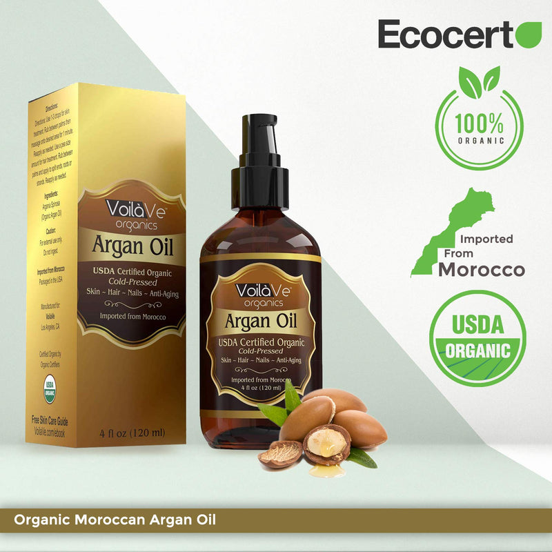 [Australia] - VoilaVe USDA and ECOCERT Pure Organic Moroccan Argan Oil for Skin, Nails & Hair Growth, Anti-Aging Face Moisturizer, Cold Pressed, Hair Moisturizer, Rich in Vitamin E & Carotenes, 4 fl oz 