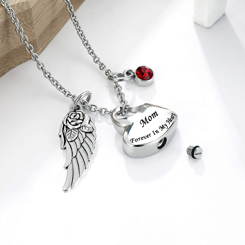 [Australia] - Double Heart Cremation Urn Necklace Comes with Angel Wing and 12 Birthstones Ashes Jewelry Memorial Pendant- Forever in My Heart Mom 