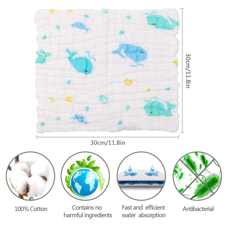 [Australia] - ABirdon Cotton Muslin Squares Baby 10 Pack, Extra Soft 11.8"X11.8" Reusable Baby Wash Cloths, 6 Layers Organic Cotton Baby Towels with Printed Design for Newborn, Unisex Cartoon 