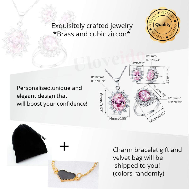 [Australia] - Uloveido Women Jewelry Necklace Earrings and Ring Set with Cubic Zirconia Crystals T466 Pink 9 