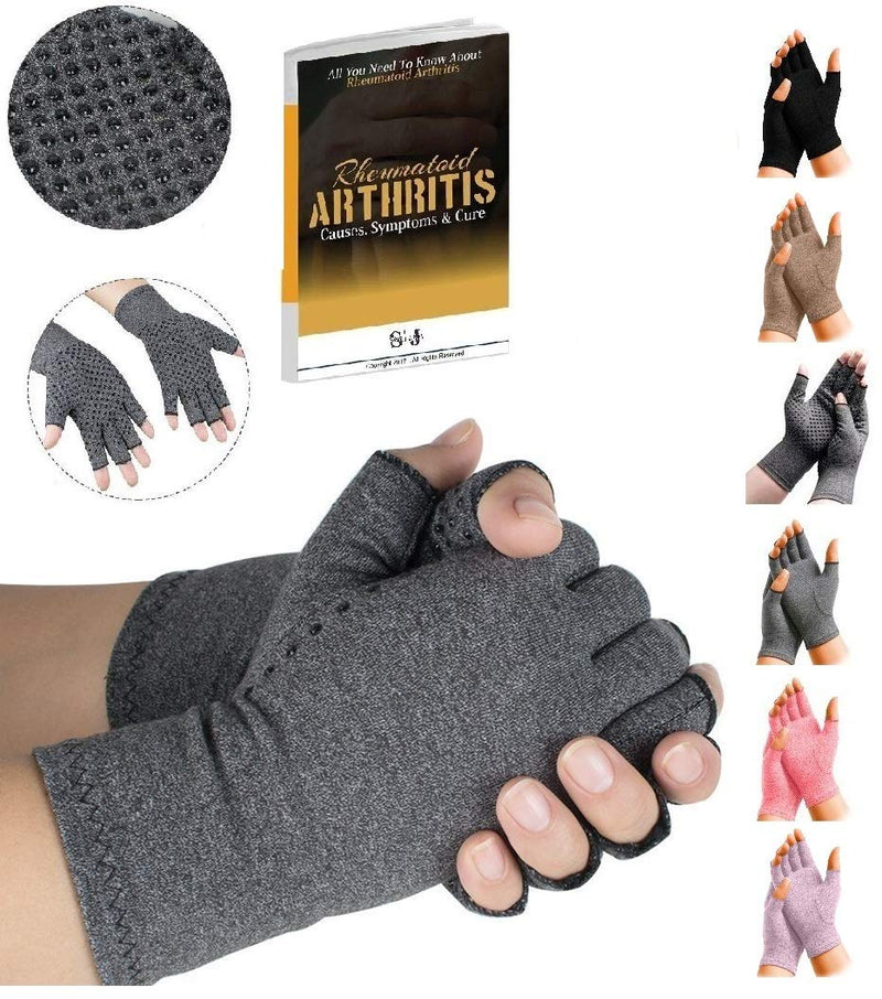 [Australia] - SyeJam Arthritis Gloves Fingerless- Rheumatoid Arthritis Compression Gloves for Pain Relief - Grip (M) 1 Pair Grey (1 Pair With Grip) + Free Ebook M (Pack of 2) 