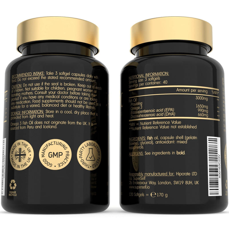 [Australia] - Fish Oil Omega 3 Capsules - High Strength 3000mg - 120 Softgel Capsules - Easy to Swallow & Burpless - Triple Potency DHA 660mg & EPA 990mg - UK Made Omega 3 Supplement - 1000mg Fish Oil per Tablet 