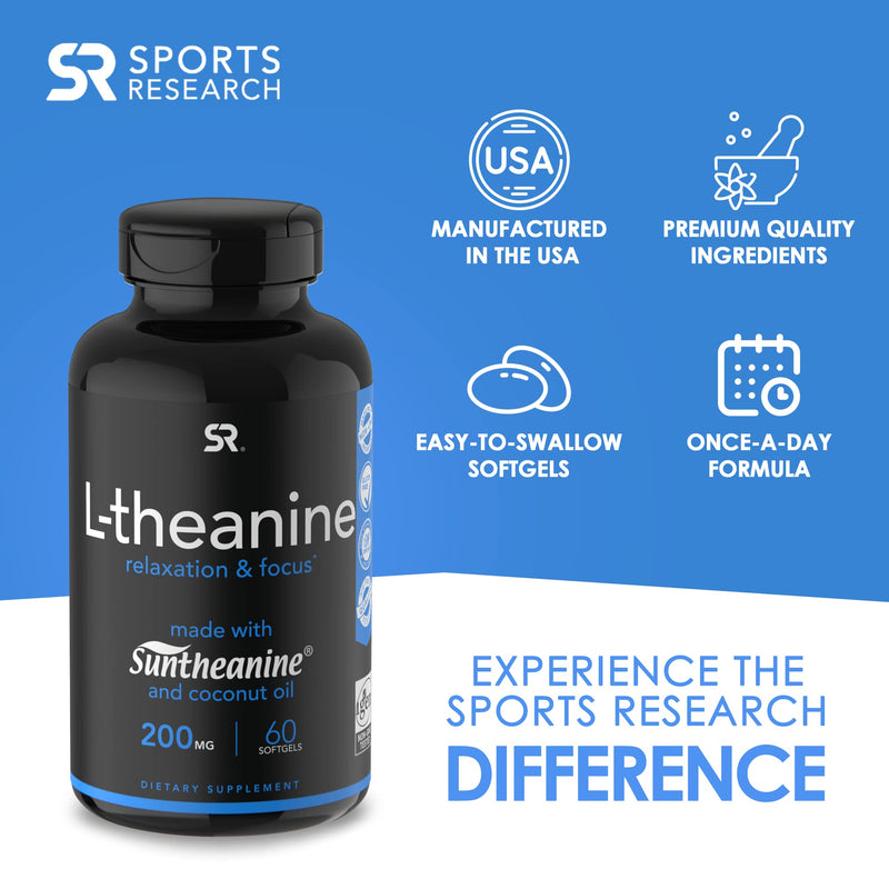 [Australia] - Sports Research Double Strength ‘Suntheanine’ L-Theanine with Organic Coconut Oil - Promotes Alertness & Relaxation without Drowsiness - 200mg L Theanine Supplement - 60 Softgel Capsules for Adults 