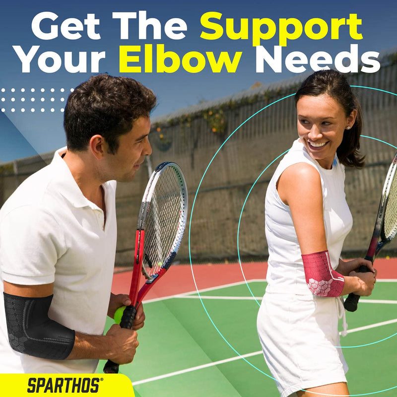 [Australia] - Sparthos Elbow Compression Sleeves (Pair) – Tennis and Golfer's Elbow Support – Elbow Brace for Men and Women – Made from Innovative Breathable Elastic Blend Large Midnight Black 