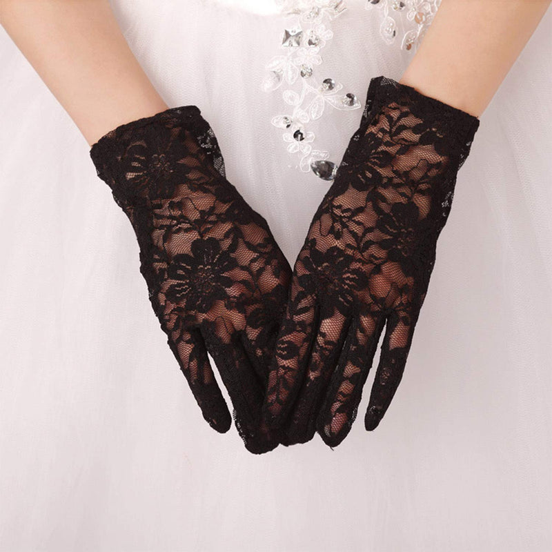 [Australia] - LassZone Brides White Vintage Mittens Black Elegant Hand-made Short Five-finger Ice Silk Lace Satin Gloves Soft Breathable Wedding Dress Jewelry for Dancing Parties Operas 