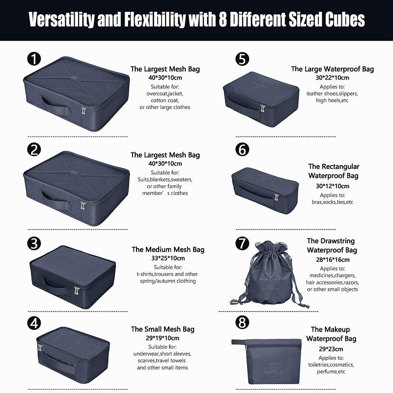 [Australia] - BETLLEMORY Packing Cubes 8 Sets Travel Luggage Organizers with Waterproof Shoe Storage Bag Compression Pouches(Navy Blue) Navy Blue 