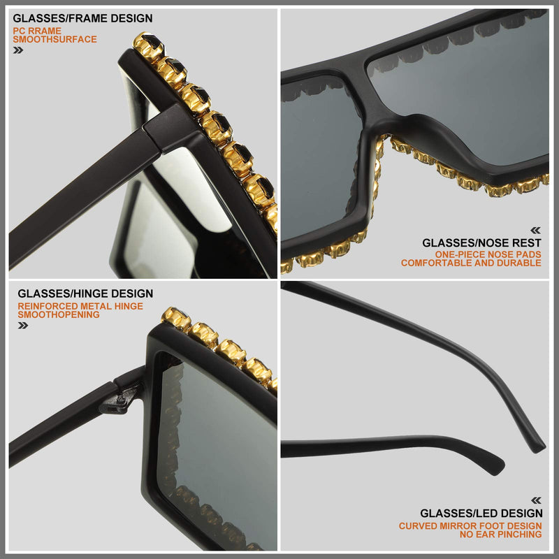 [Australia] - 2 Pairs Oversize Square Crystal Sunglasses, Flat Top Oversized Sunglasses, Retro Thick Frame Bling Sunglasses for Women Men Black 