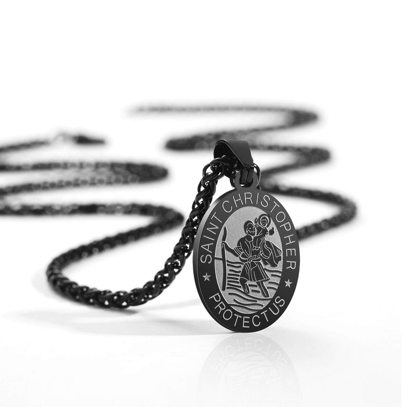 [Australia] - SR RS Silver/Gold/Black Saint Christopher/Michael Medal Necklace, Catholic Patron Pendant Wheat Chain 24 Inches Saint Christopher (black) 