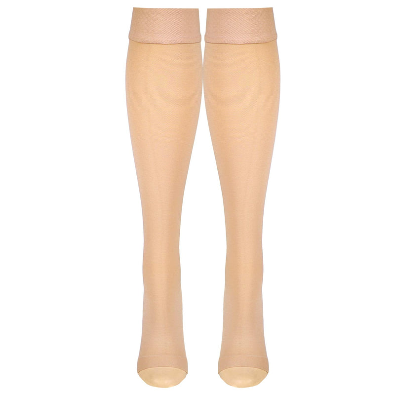 [Australia] - Truform 30-40 mmHg Compression Stockings for Men and Women, Knee High Length, Dot-Top, Open Toe, Beige, Medium 