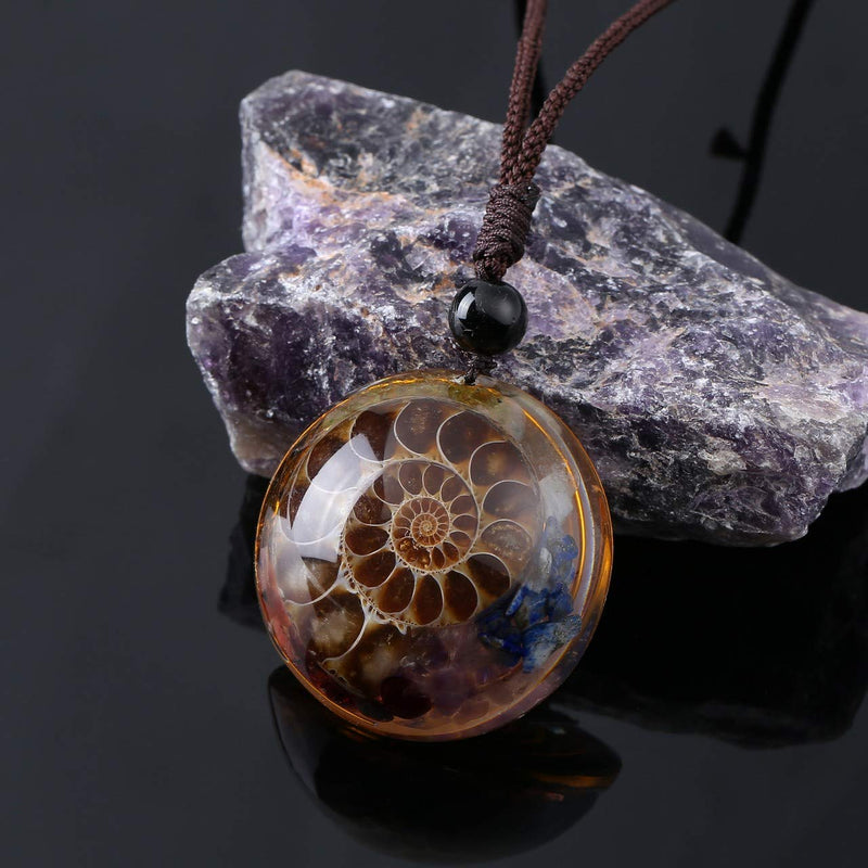[Australia] - CrystalTears 7 Chakra Healing Crystal Stone Pendant Necklace Round Resin Ammonites Fossil Gemstone Necklace for Women Men Valentines Day Gift 