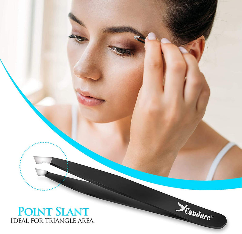 [Australia] - Candure Tweezers for Eyebrows - Professional Stainless Steel Slanted and Pointed Tip Hair tweezers Set for Ingrown Hair, Blackhead Removal, Eyelash Extension, Eyebrows Plucking Beauty Tool for Women Black 