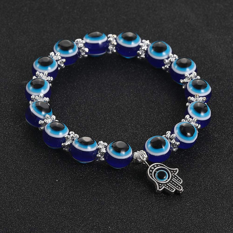 [Australia] - SUMMER LOVE Evil Eye Hamsa Blue Beaded Charm Stretch Bracelet Hand of Fatima Turkish Evil Eye Lucky Bracelet for Protection and Blessing 10mm evil eye 