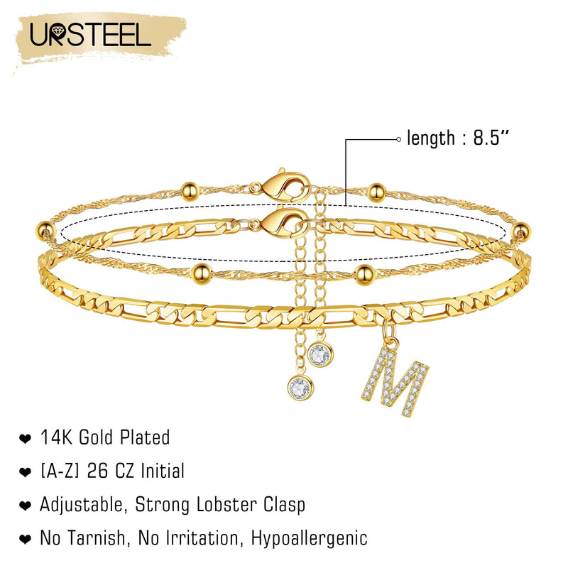 [Australia] - Ursteel Ankle Bracelets for Women, 14K Gold Plated Dainty Layered Figaro Chain CZ Initial Anklets Summer Jewelry Gifts for Women Teen Girls M 