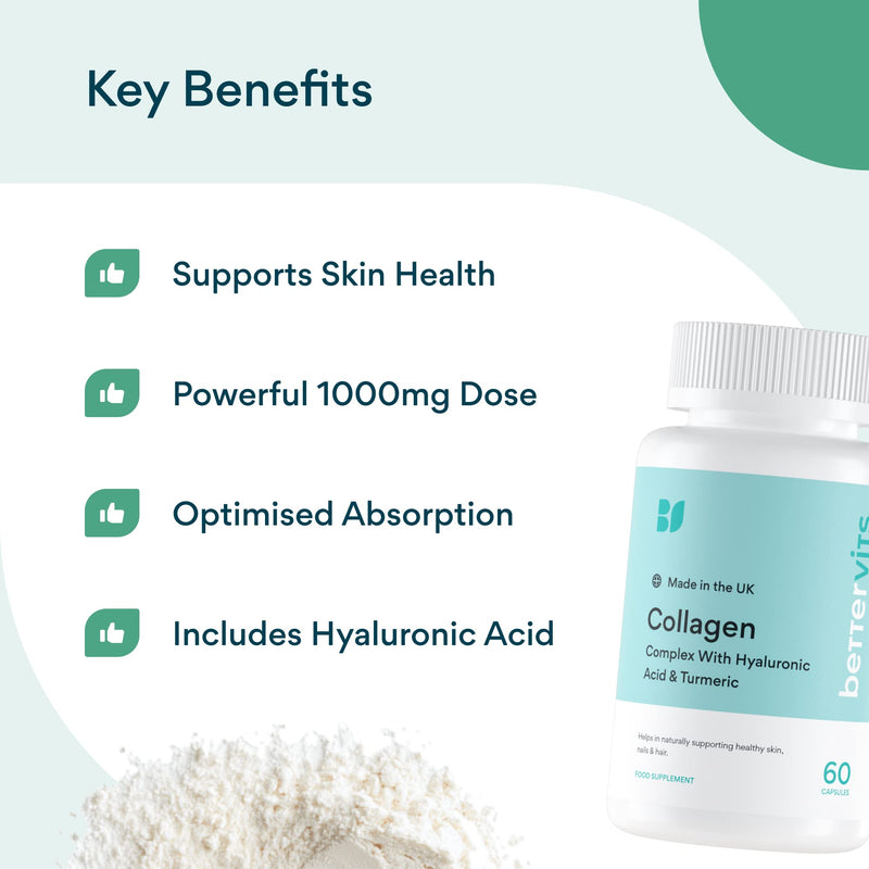 [Australia] - BetterVits Collagen Complex | 1000mg Hydrolyzed | Skin | Hair | Nails | Joints | Hydrates & Smooths | with Hyaluronic Acid & Vitamin E 