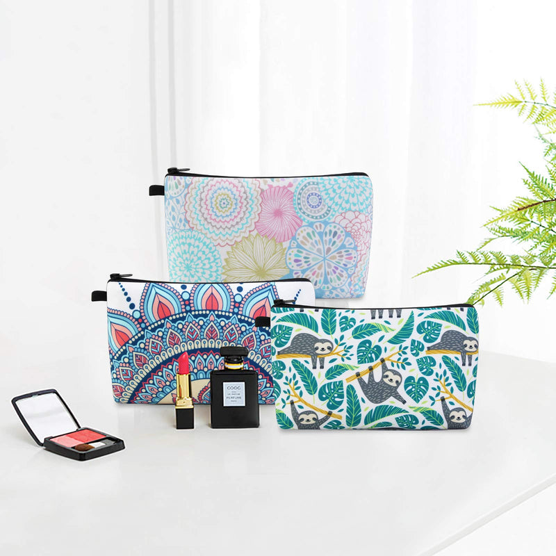 [Australia] - MAGEFY Makeup Bag 3 Styles Portable Travel Cosmetic Bag for Women Flower Patterns Zipper Pouch Sloth Gifts Makeup Pouch for Girls with Black Zipper (3 packs) 3 packs 