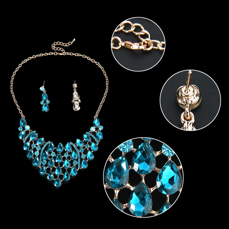 [Australia] - EVER FAITH Rhinestone Crystal Gorgeous Teardrop Statement Necklace Earrings Set Blue Gold-Tone 