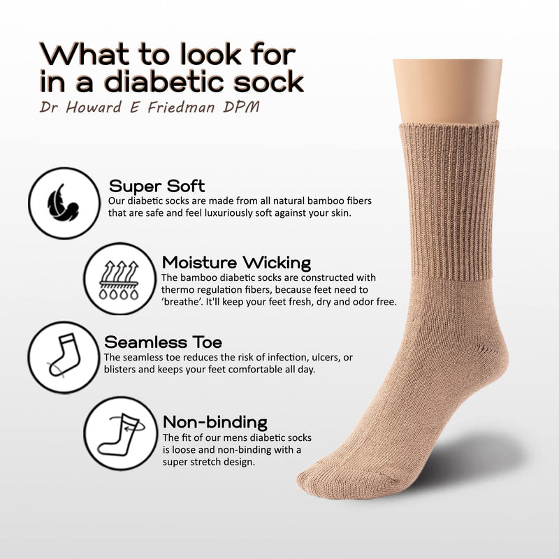 [Australia] - Silky Toes 3 or 6 Pack Men’s Bamboo Diabetic Seamless Soft Non-Binding Crew Socks, Also Available In Plus Sizes 13-15 Khaki- 3 Pairs 