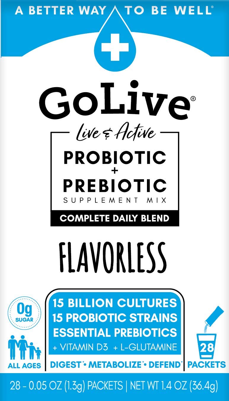 [Australia] - GoLive FLAVORLESS/SUGARLESS Synbiotic (Probiotics + Prebiotics) for Adults & Kids; +15 Billion CFUs; 15 Clinical Strains. Formulated and Recommended by MDs and RDs for Digestion, Metabolism, Immunity. Daily Essentials Unflavored 28 Count (Pack of 1) 