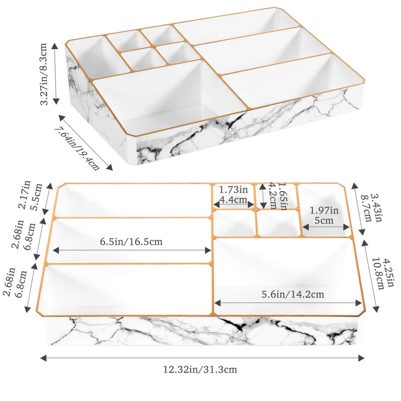 [Australia] - Lewondr Makeup Organizer, 9-Compartments Cosmetic Storage Display Case with Unique Gold-stamping Edges, Durable Makeup Accessories Storage Box Stand for Lipstick, Brushes, Jewelry - White Marble 