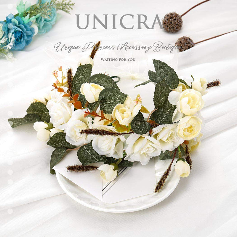 [Australia] - Unicra Crown Headband Flower Garland Headband Hair Wreath Garland Flower Boho Hair Accessories with Ribbon Wedding Party Festival Gift for Women and Girls (White) White 