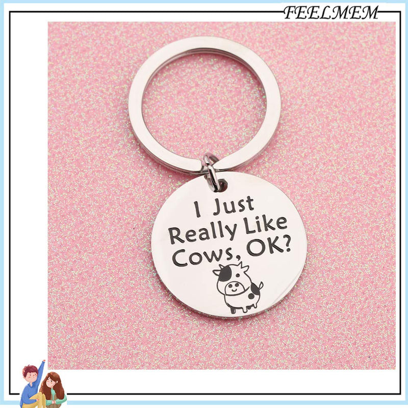 [Australia] - FEELMEM Cow Jewelry Funny Cows Gifts Cow Lover Gift I Just Really Like Cows OK Keychain Cows Farm Keychain Cow Farmer Gift Pet Pygmy Cows Gift Cow Themed Gift Ideas silver 