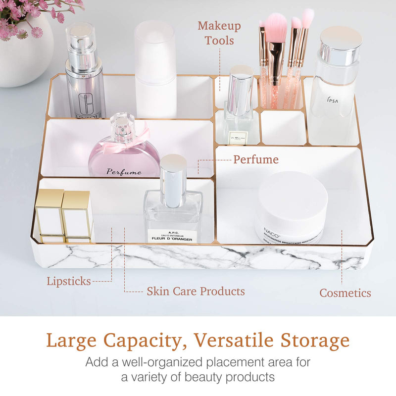 [Australia] - Lewondr Makeup Organizer, 9-Compartments Cosmetic Storage Display Case with Unique Gold-stamping Edges, Durable Makeup Accessories Storage Box Stand for Lipstick, Brushes, Jewelry - White Marble 