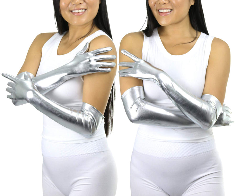 [Australia] - ToBeInStyle Women’s Above Albow Long Metallic Shiny Wet Look Novelty Gloves One Size Regular Silver 