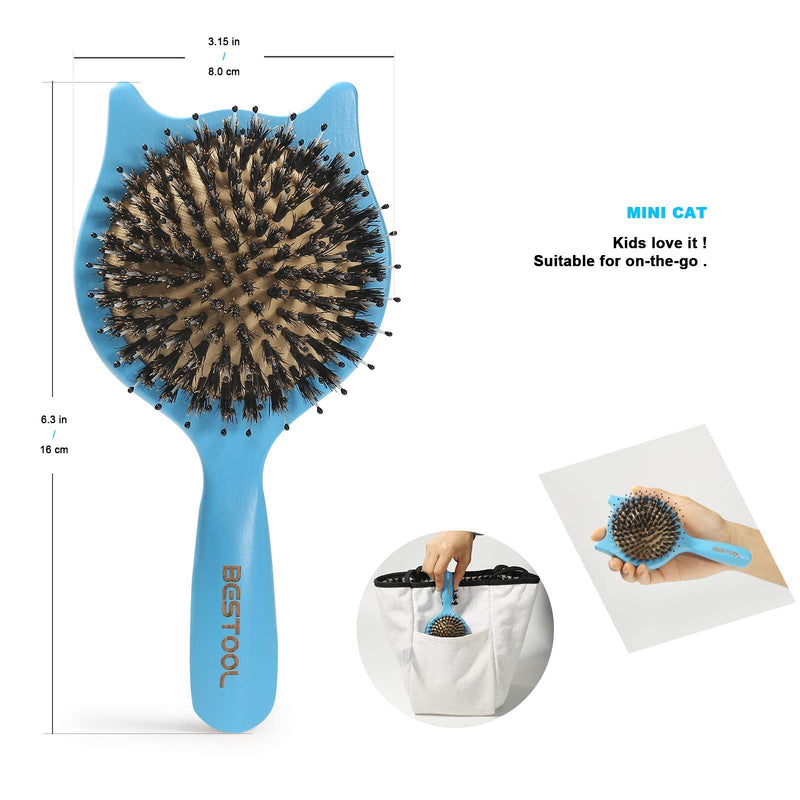 [Australia] - Hair Brush, BESTOOL Small Travel Hair Brushes for Women, Men or Kids, Wooden Toddler Boar Bristle Hair Brush for Detangling, Defrizz, Distribute Oil (Blue) Blue 