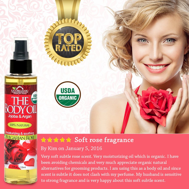 [Australia] - US Organic Body Oil - Romantic Sexy Bulgarian Rose- Jojoba and Argan Oil with Vitamin E, USDA Certified Organic, No Alcohol, Paraben, Artificial Detergents, Color or Synthetic perfumes, 5 Fl.oz. 